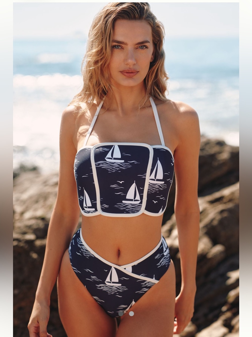 ⛵️ Anthropologie Celadine Toni Binded Navy Sailboat Print Bikini Top Swimsuit XL